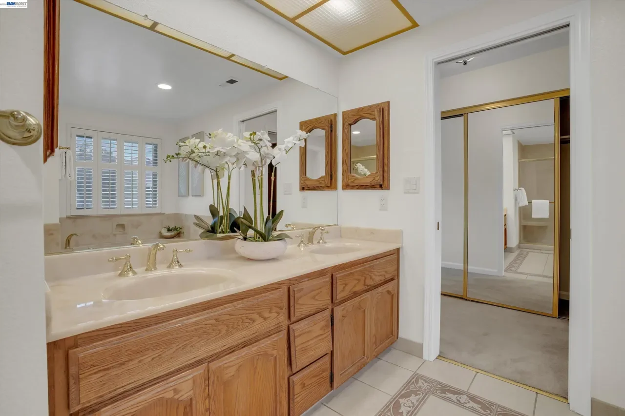 A long dual-sink vanity sits beneath mirrored medicine cabinets at 19475 Mount Jasper Drive.